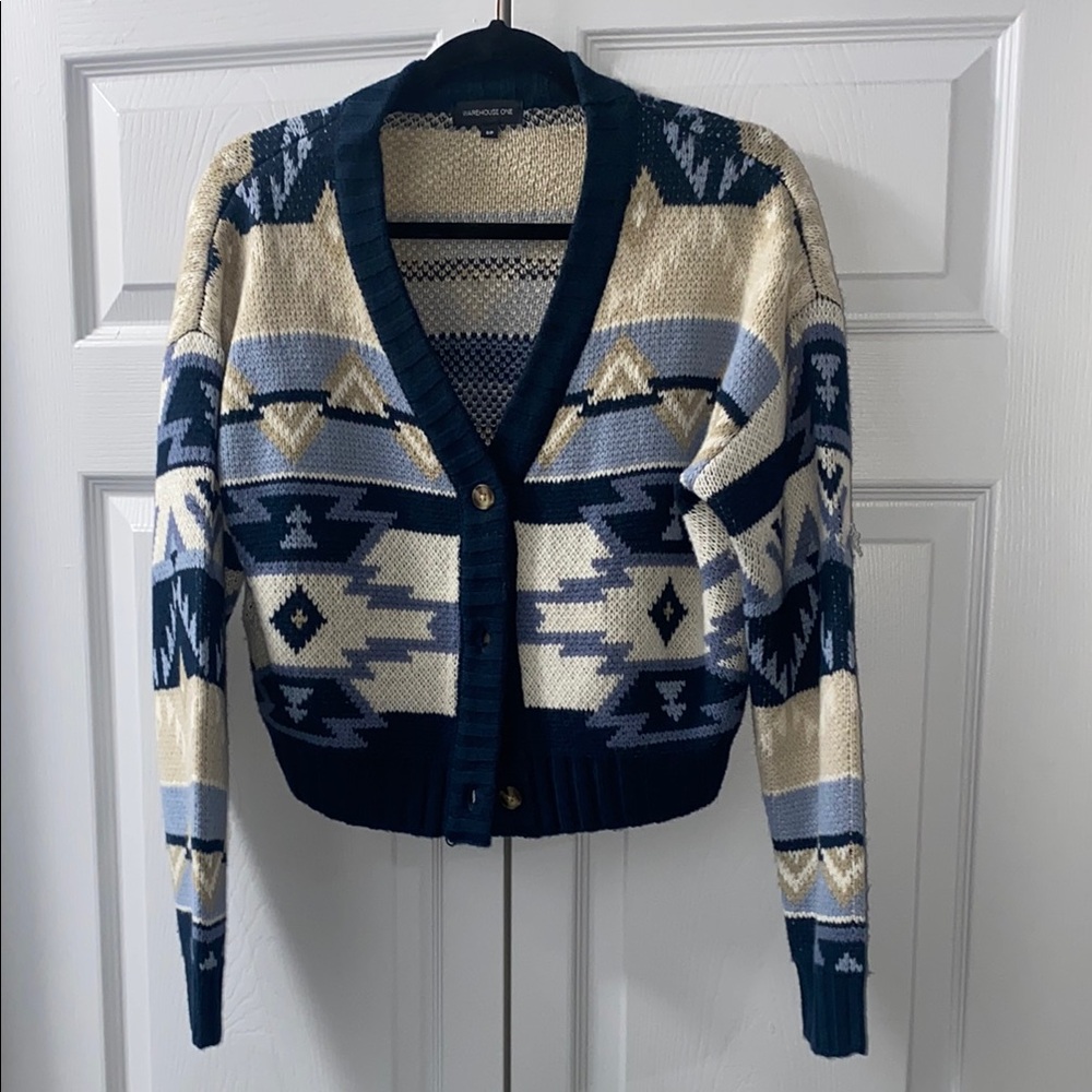Warehouse Cream and Blue Geometric Cardigan Sweater